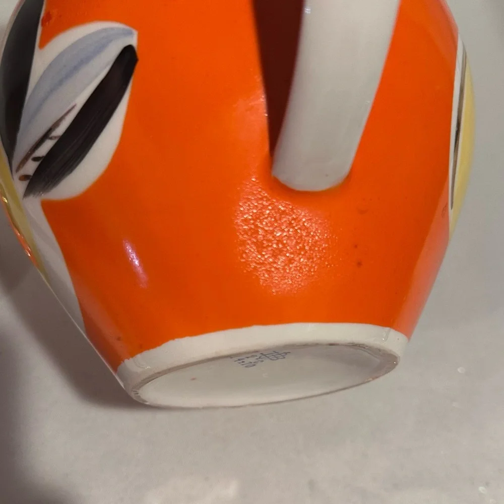 Vintage 60s Pop Atomic Orange and Yellow Porcelain Teapot Gold Trim
